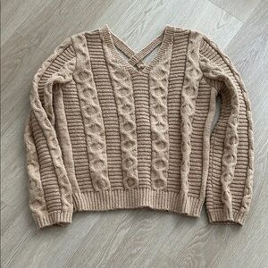 SHEIN Beige Cable Knit V-Neck Sweater
